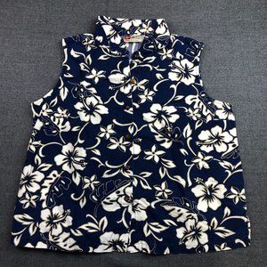Hilo Hattie Hawaiian Sleeveless Shirt Womens Large Blue Vest Button Up Vintage